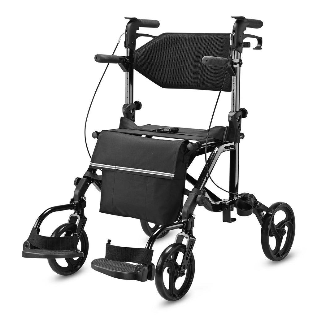 2 in 1 Rollator Walker Transport Wheelchair with Backrest Footrests Foldable Black M203