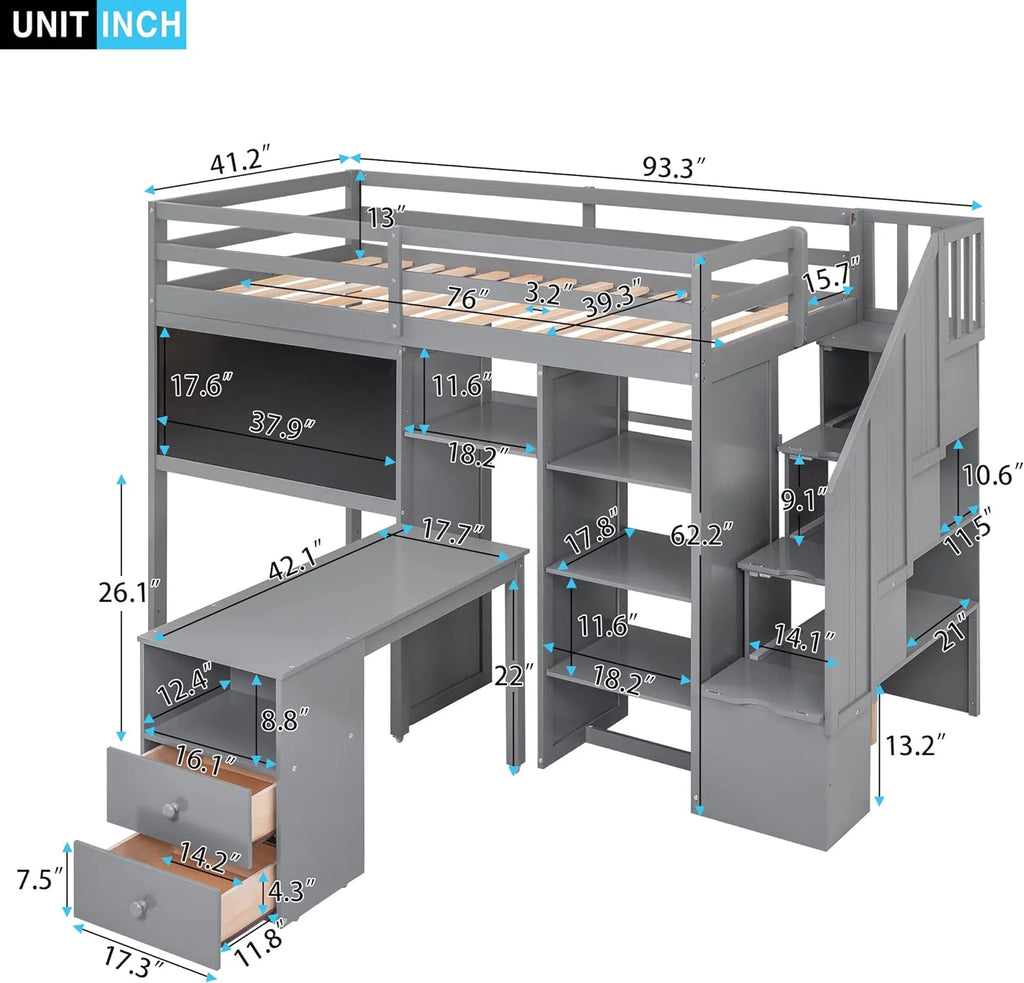 Grey Wood Loft Bed Frame with Desk Shelves Stairs O6537