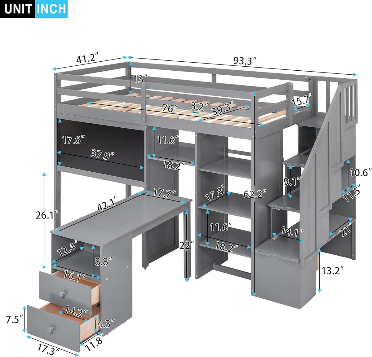 Grey Wood Loft Bed Frame with Desk Shelves Stairs O6537