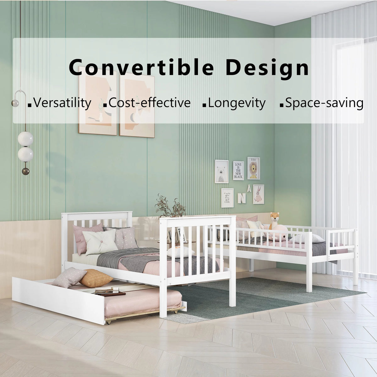 White Wood Twin over Twin Bunk Bed with Trundle and Storage Stairs R747857