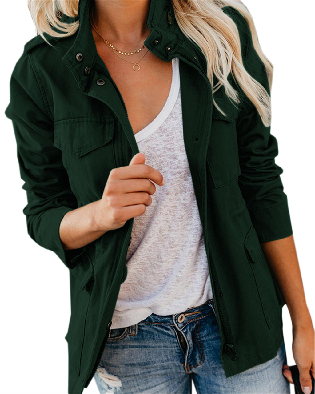 Womens Military Anorak Long Sleeve Jacket Utility Zip Up Lightweight Solid Color Jacket Adjustable Drawstring Waist with Four Front Patch Pockets H75386