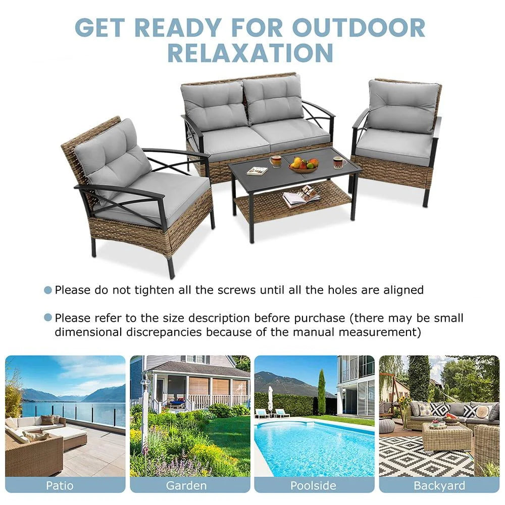 4 Pieces All-Weather PE Rattan Patio Sofa Set with Coffee Table Y217446