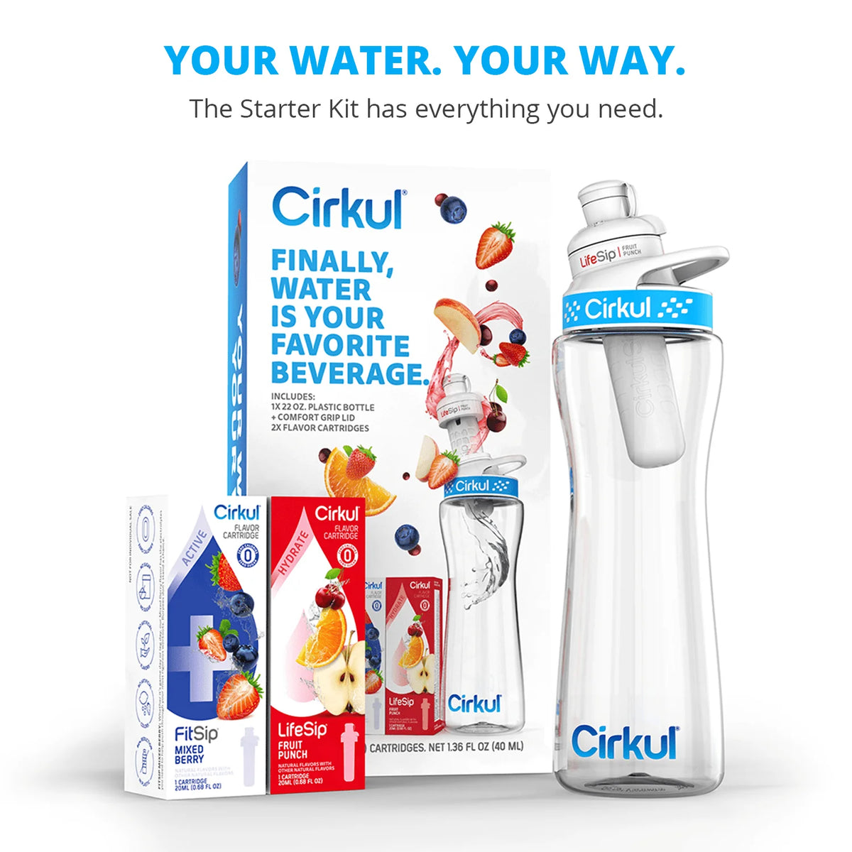 22oz Plastic Water Bottle Starter Kit with Blue Lid and 2 Flavor Cartridges E61387
