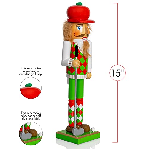 Red and Green Wooden Golf Player Nutcracker 15" S28365