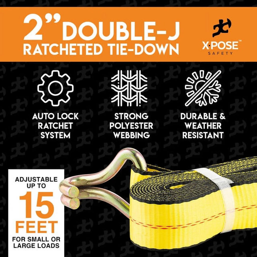 2 Inch x 15 Foot Ratchet Tie Down Straps with Double J Hooks M199