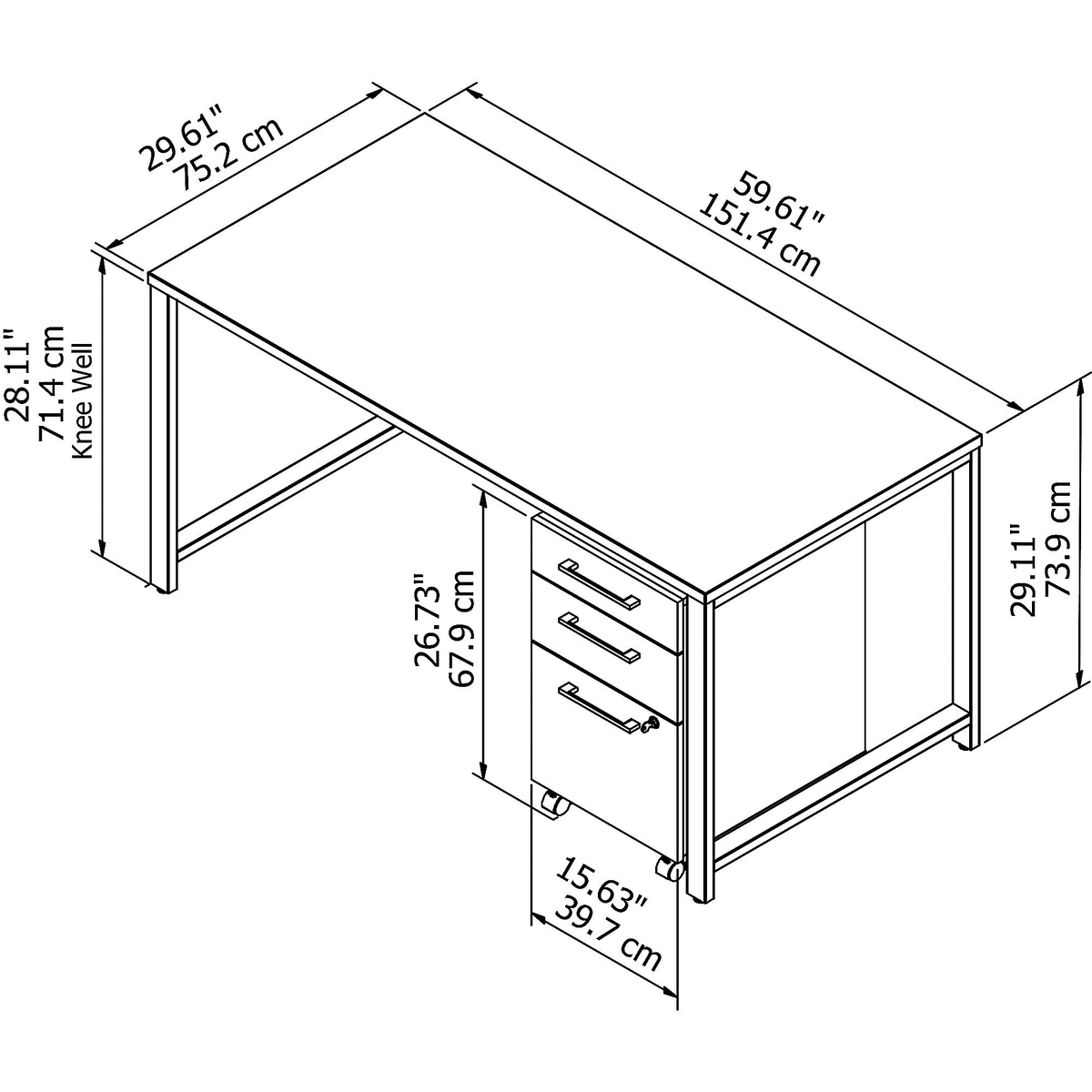 60W x 30D Table Desk with 3 Drawer Mobile File Cabinet H68825