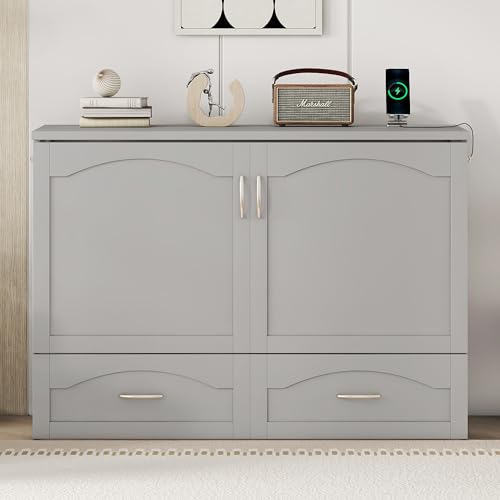 White Solid Wood Queen Size Murphy Bed with Storage and Bookcase Headboard W113128