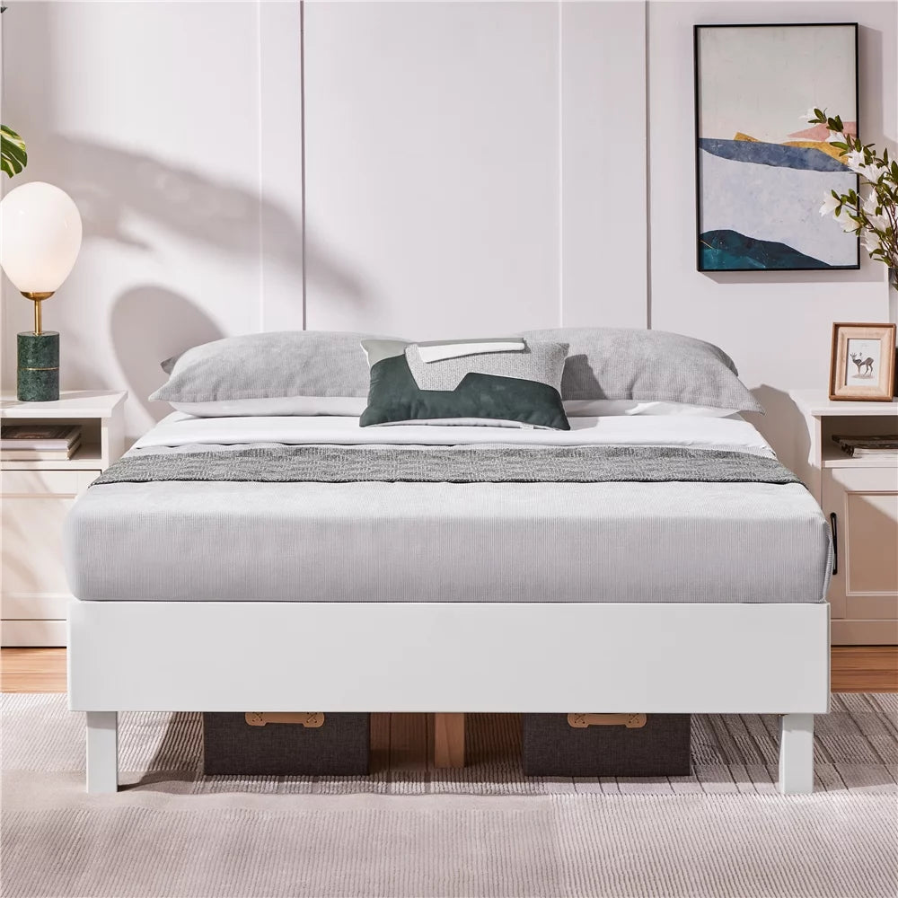 Queen White Platform Bed Frame with Wooden Slats V586159
