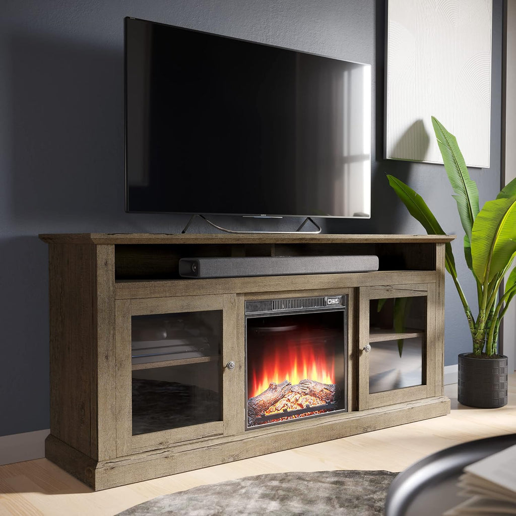 Gray Wash Electric Fireplace TV Stand with Open Storage Shelves & Cabinets Q556114