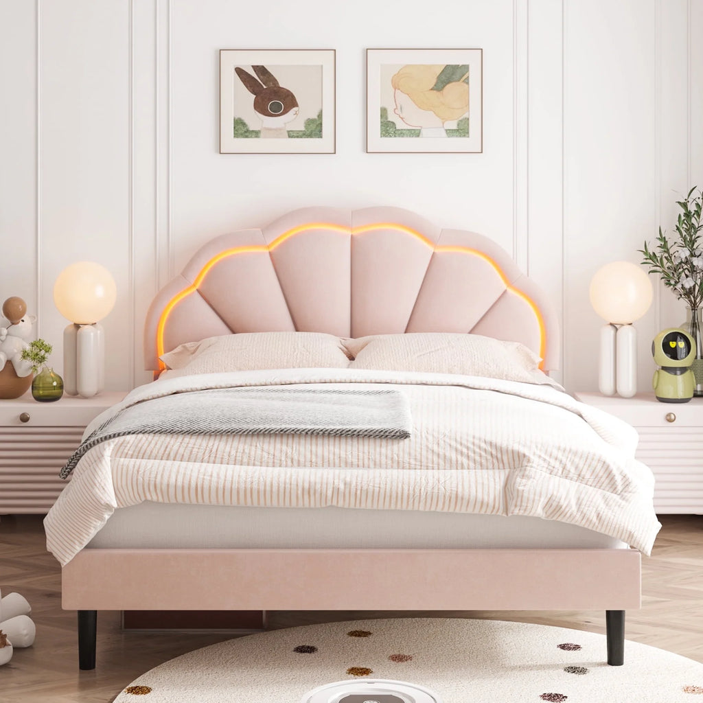 Twin Size Off-White Velvet Upholstered Platform Bed with Adjustable Headboard E593