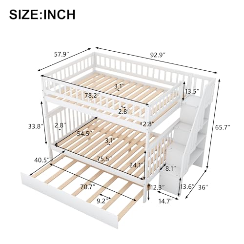 White Full Size Wooden Bunk Bed with Trundle and Storage Staircase C355226