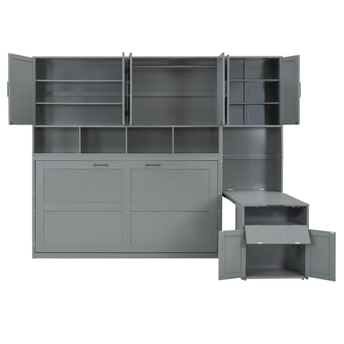 White Twin Size Wooden Murphy Bed with Closet Drawers Desk E28901
