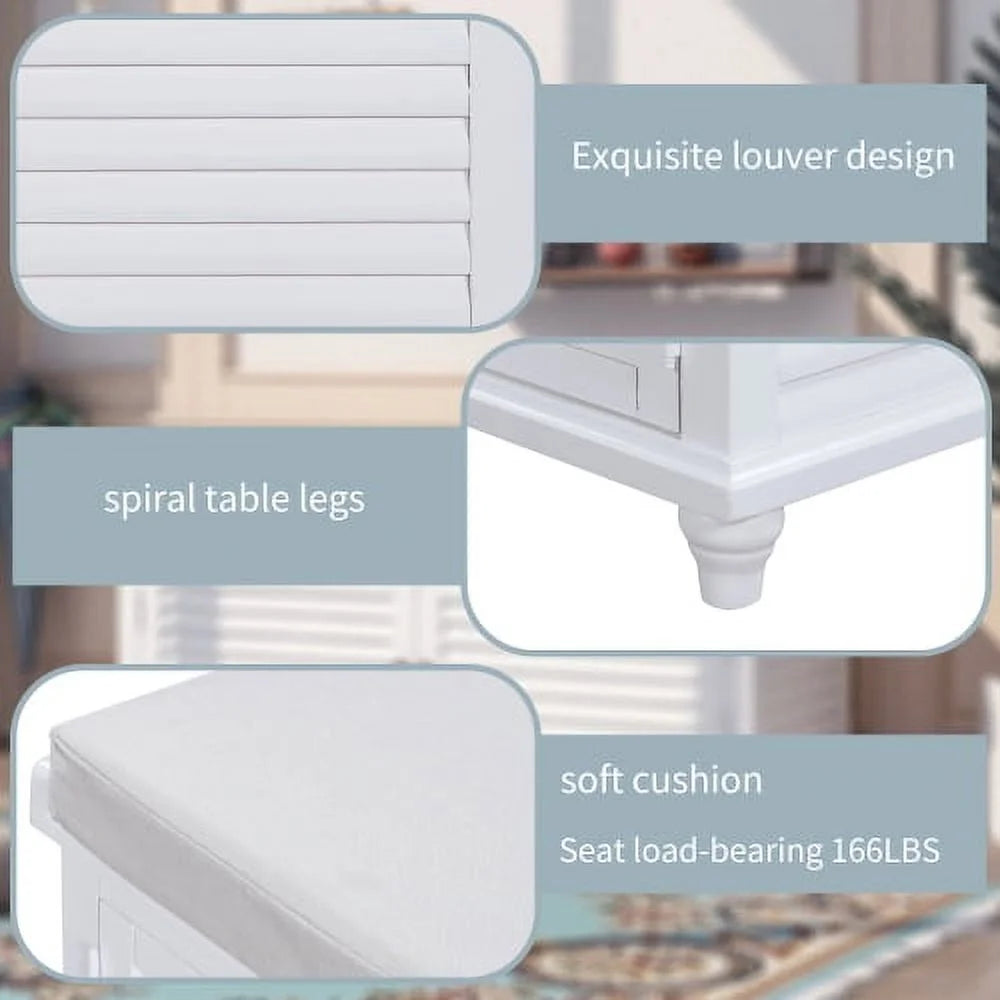 White Wooden Storage Bench with Removable Cushion G4015