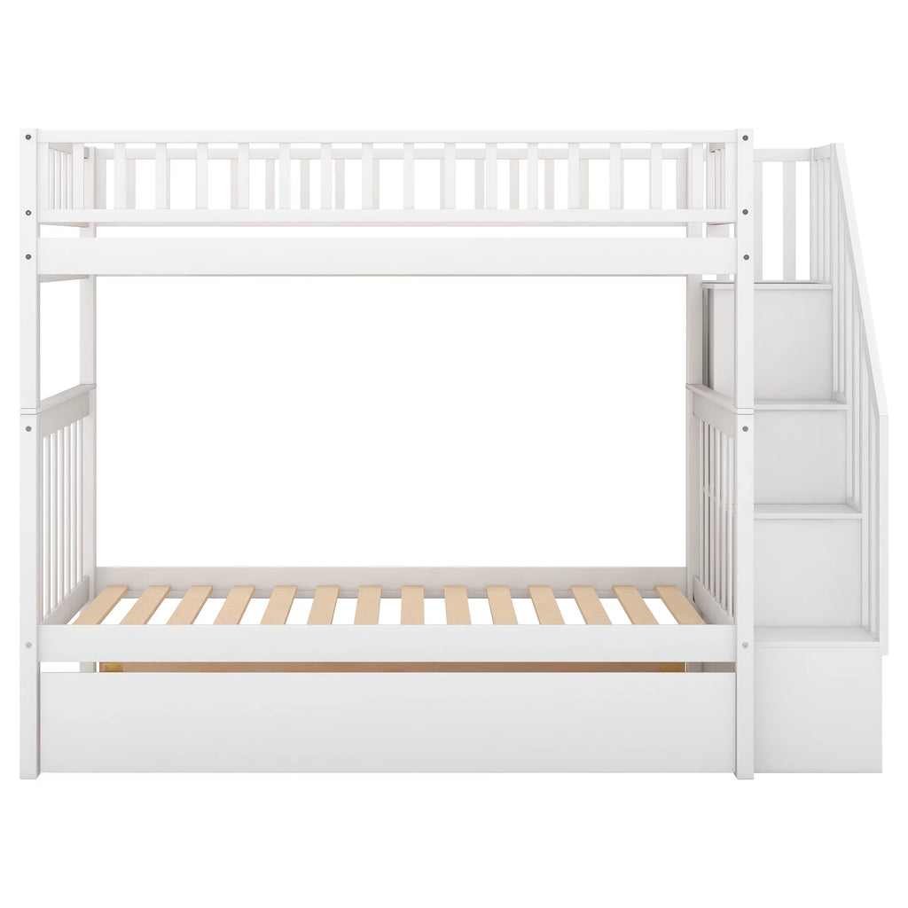 White Wood Twin over Twin Bunk Bed with Trundle and Storage Stairs R747857
