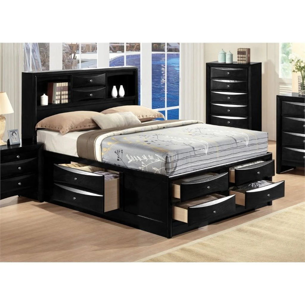 Queen Size Bed with Storage and Headboard Bookcase in Black L1654