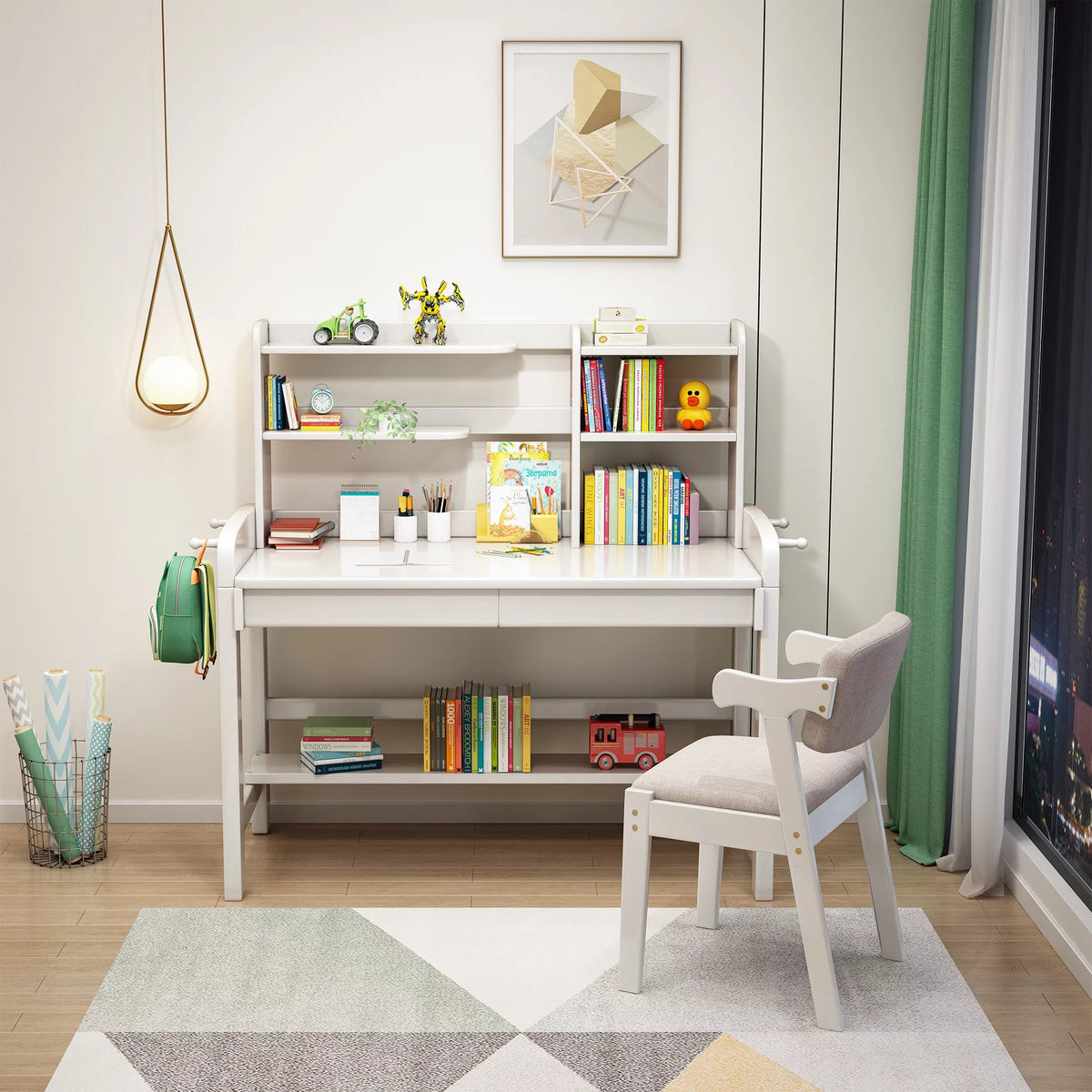Kids Desk and Chair Set with Drawer and Bookshelf White K310