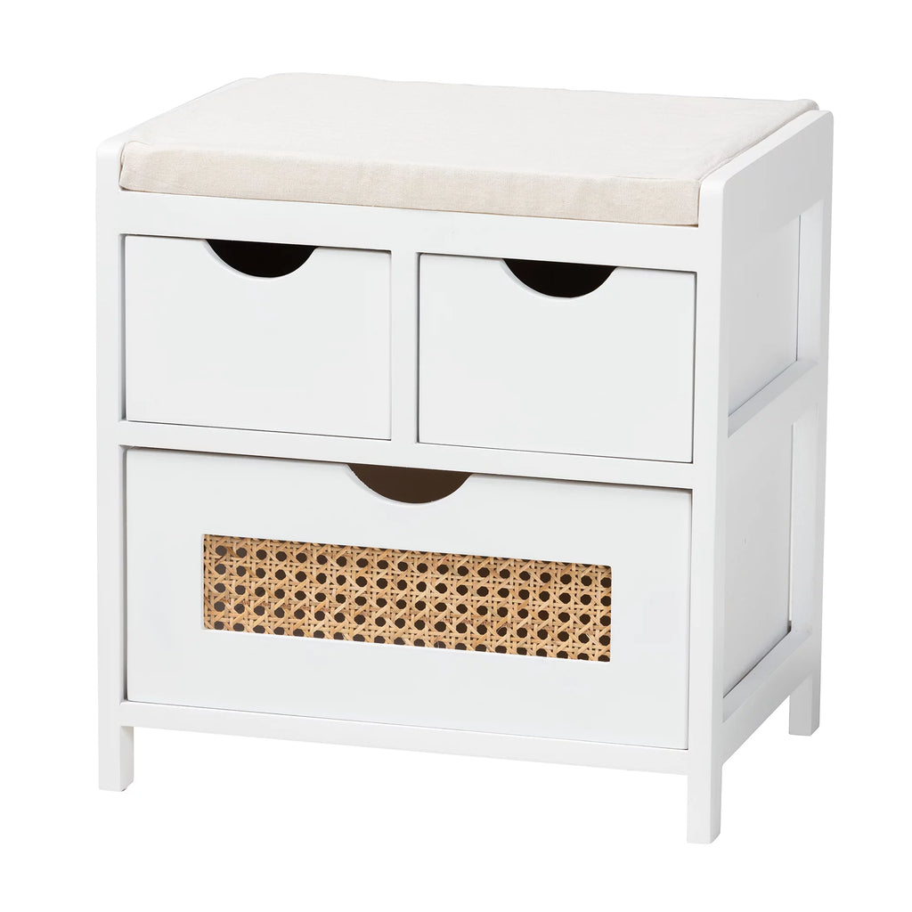 Light Beige Fabric White Wood 3-Drawer Storage Bench with Natural Rattan V6695