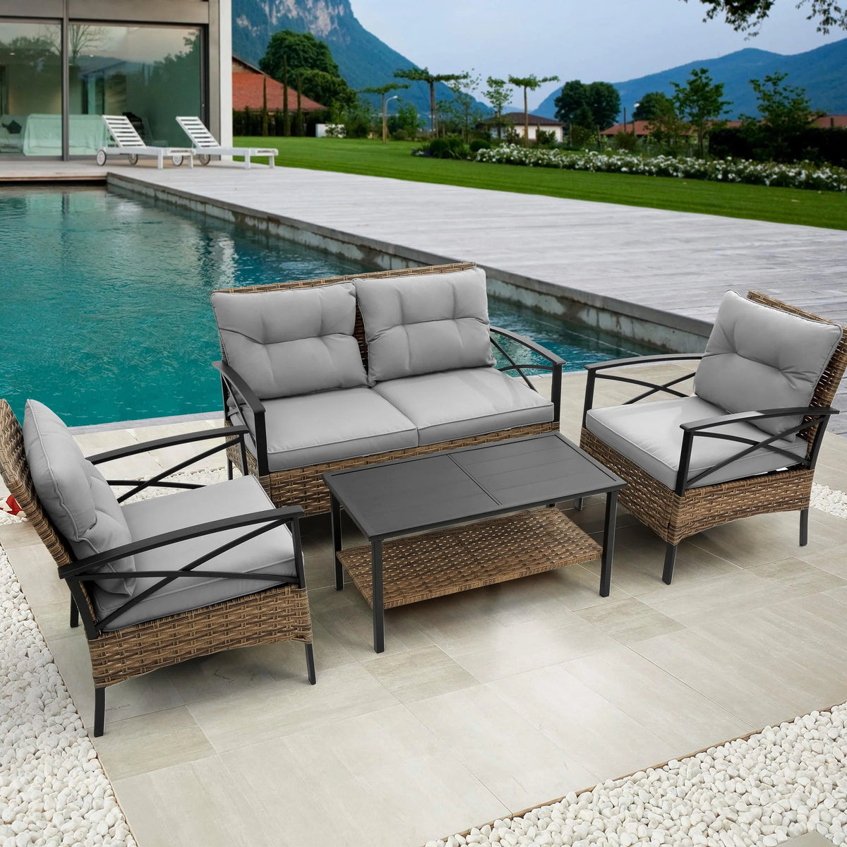 4 Pieces All-Weather PE Rattan Patio Sofa Set with Coffee Table Y217446