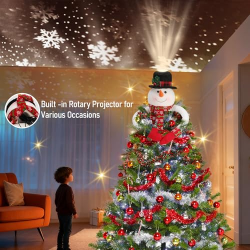 Lighted Snowman Hat Tree Topper with Rotating LED Snowflake Projection P3369