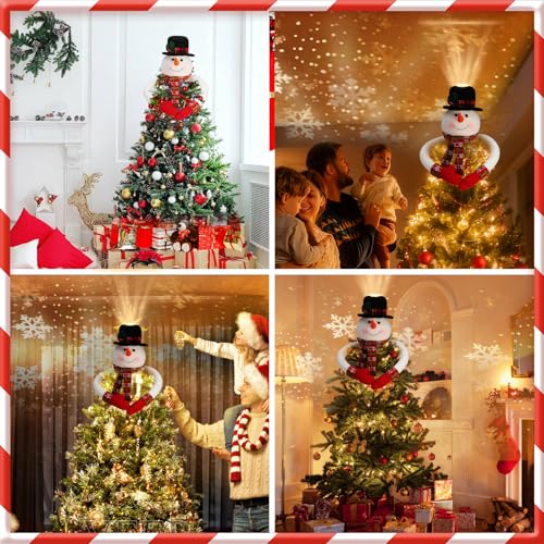 Lighted Snowman Hat Tree Topper with Rotating LED Snowflake Projection P3369