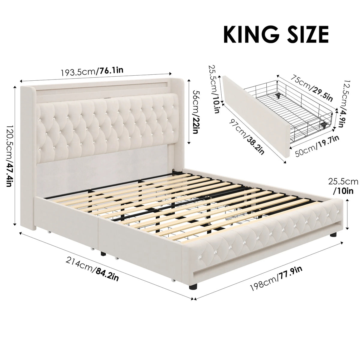 King Size LED Bed Frame with 4 Storage Drawers L80833