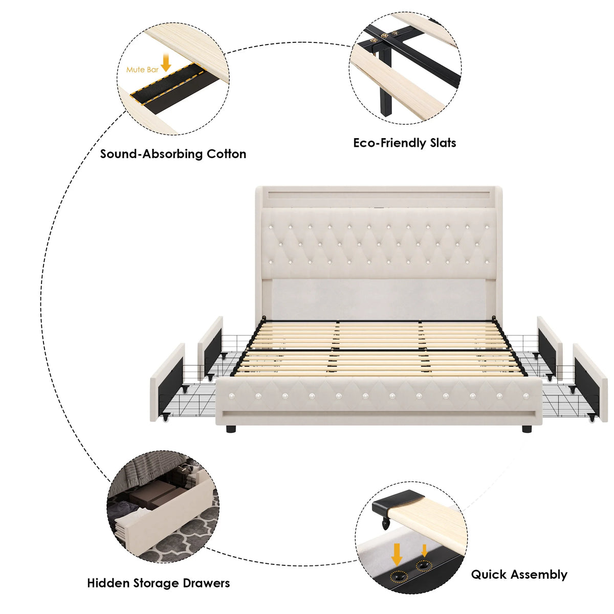 King Size LED Bed Frame with 4 Storage Drawers L80833