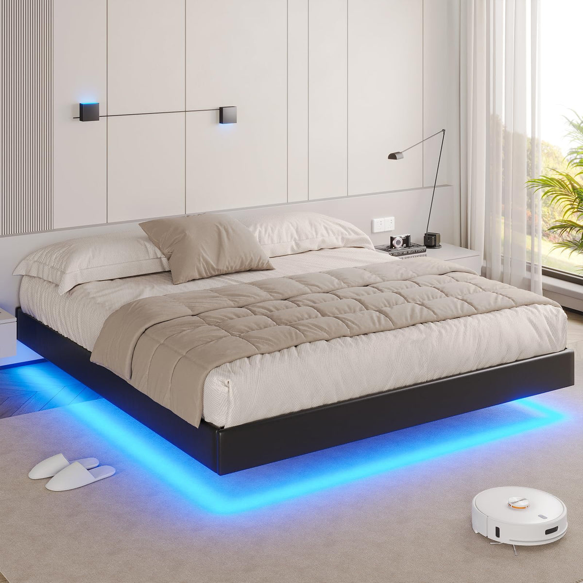 California King Black Faux Leather Upholstered Platform Bed Frame with LED Lights O498