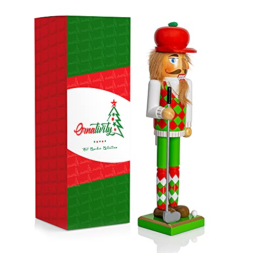 Red and Green Wooden Golf Player Nutcracker 15" S28365