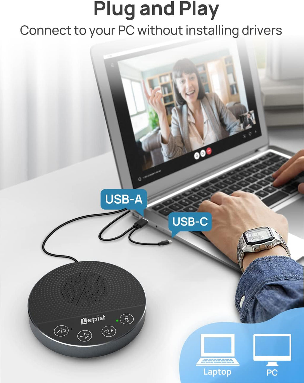 USB Speakerphone with Microphone, 360° Voice Pickup N4316