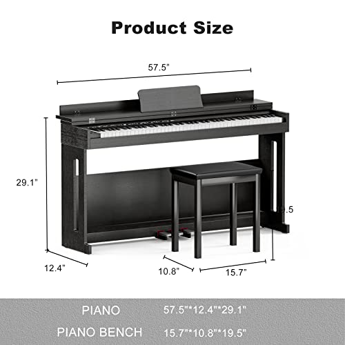 Black Full Size Weighted Key Digital Piano with Piano Bench, Stand, 3 Pedal Y472