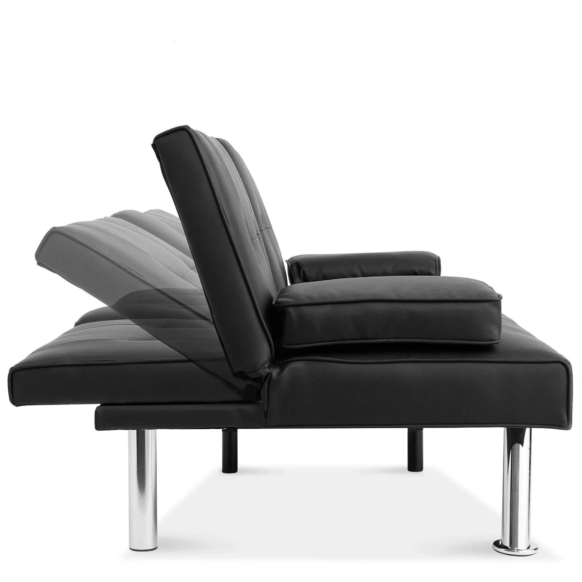 Black Faux Leather Convertible Sofa Futon with 2 Cup Holders L35696