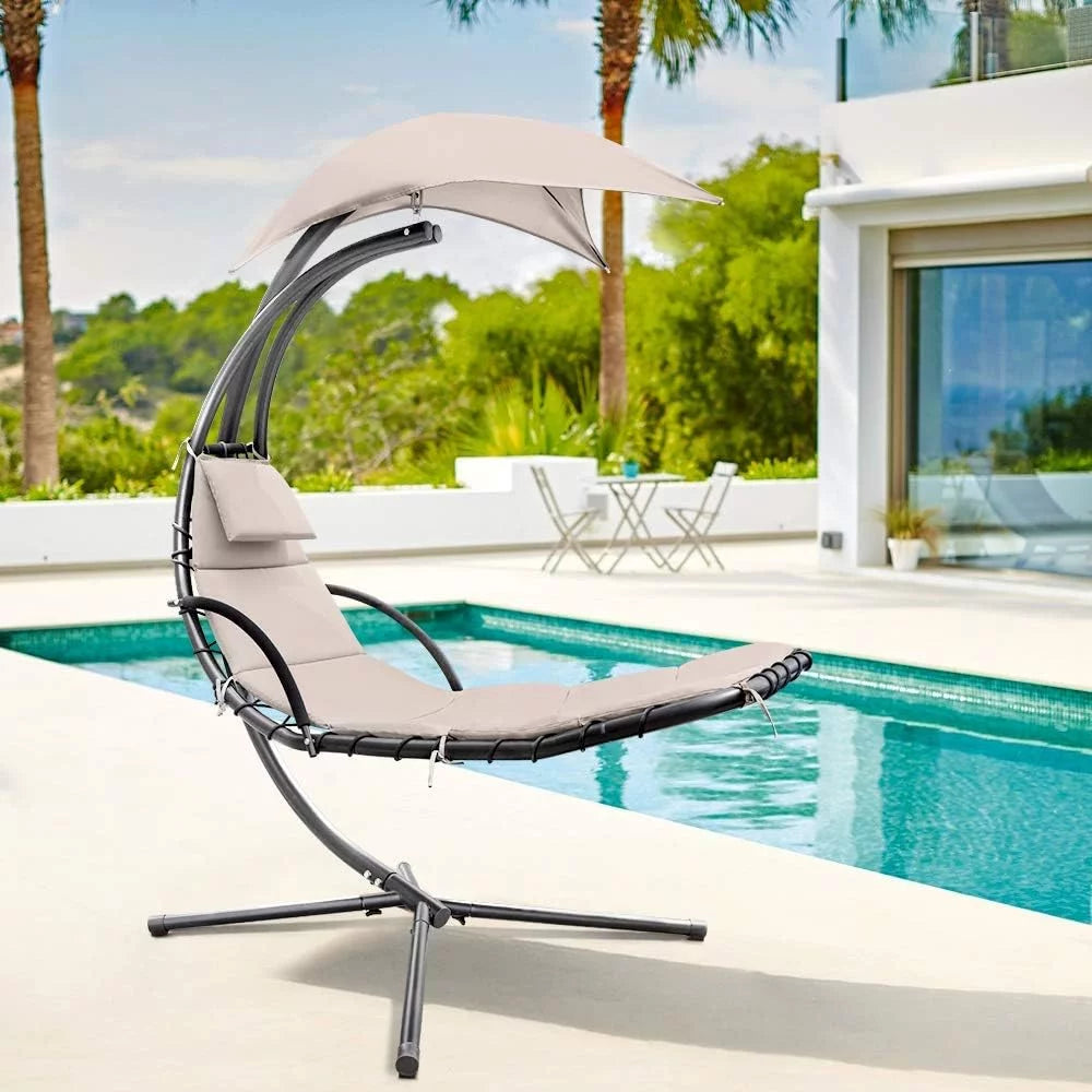 Hanging Curved Chaise Lounge Chair with Pillow, Canopy & Stand O1992