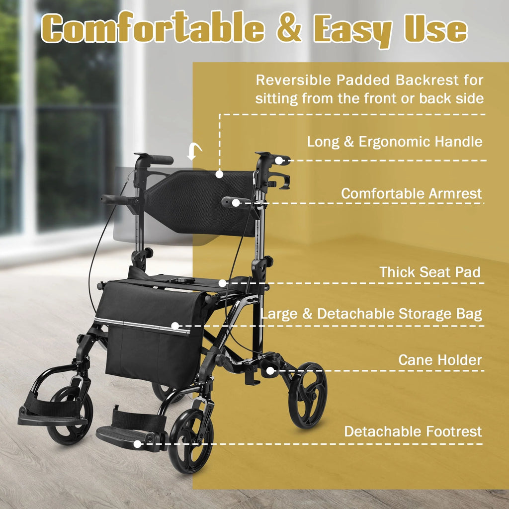 2 in 1 Rollator Walker Transport Wheelchair with Backrest Footrests Foldable Black M203