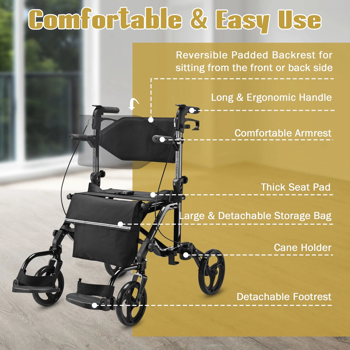 2 in 1 Rollator Walker Transport Wheelchair with Backrest Footrests Foldable Black M203