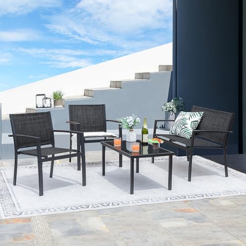 4 Pieces Patio Furniture Set Textilene Fabric with Glass Coffee Table Black L147