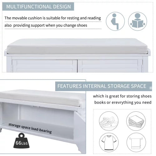 White Wooden Storage Bench with Removable Cushion G4015