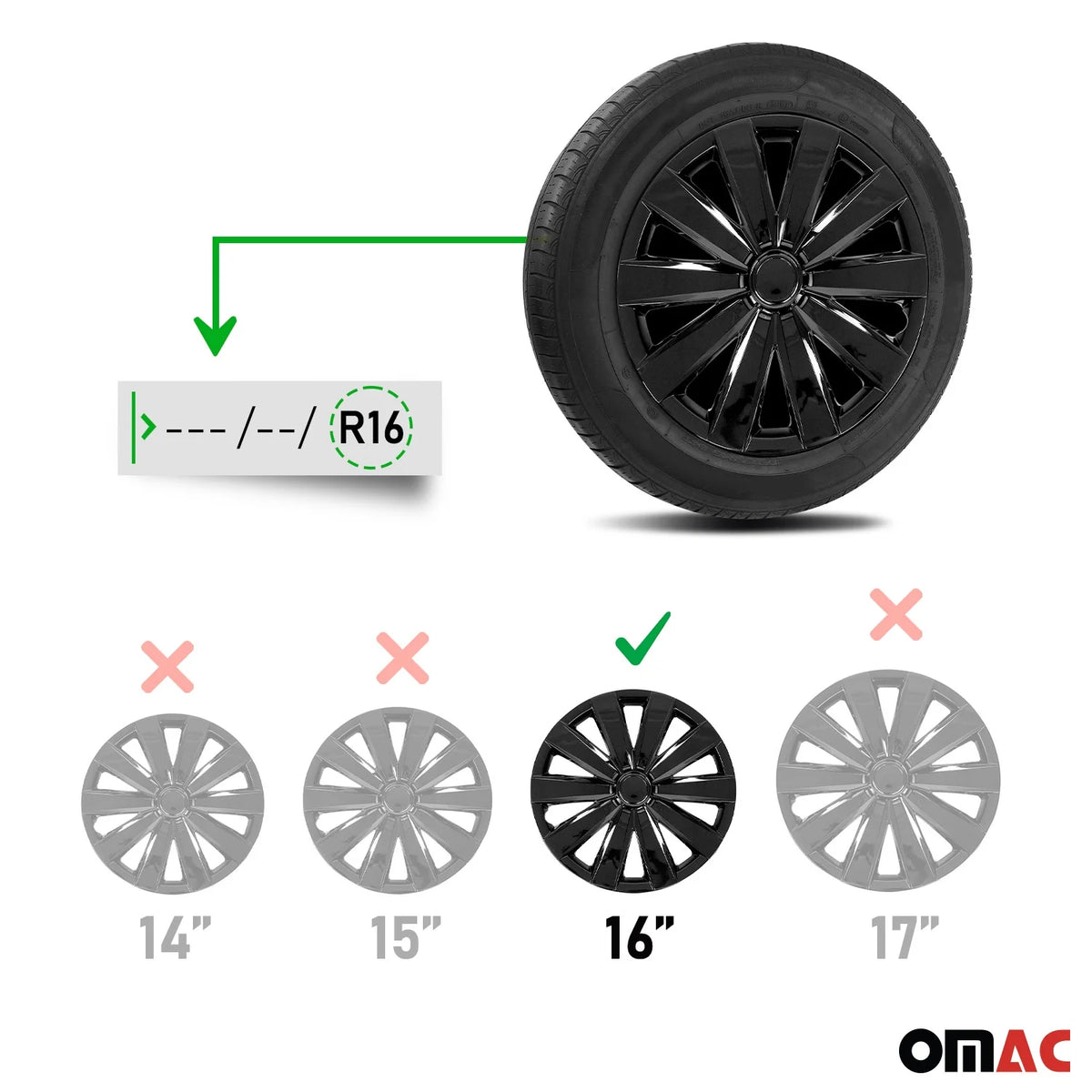 16 Wheel Covers Hubcaps 4Pcs Black N577
