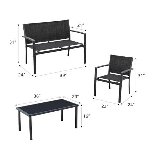 4 Pieces Patio Furniture Set Textilene Fabric with Glass Coffee Table Black L147