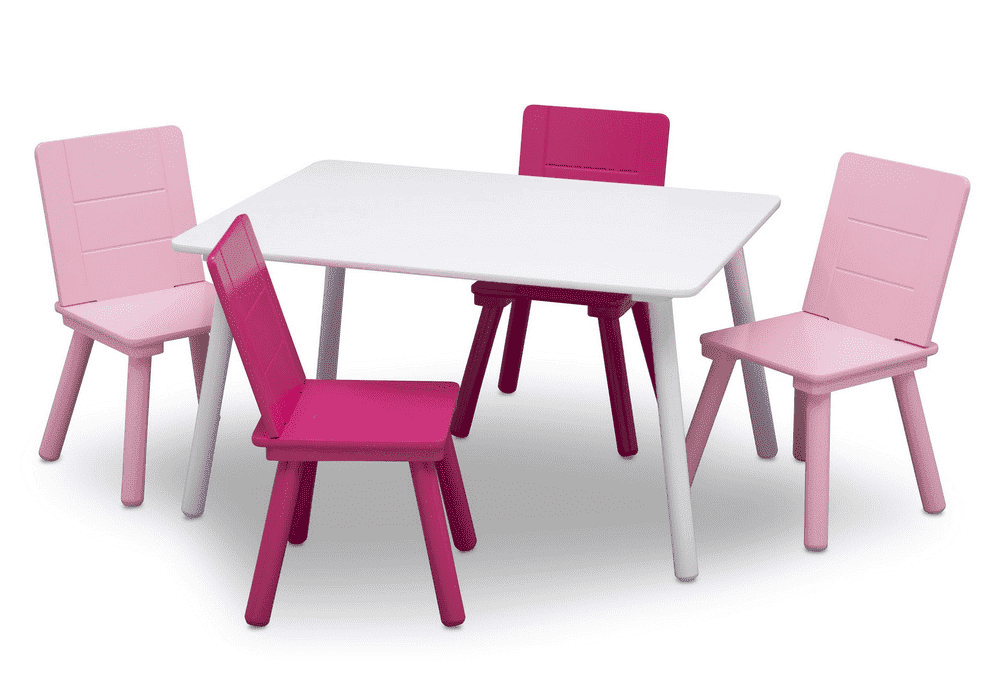 Kids Chair Set and Table, 4 Chairs Included, White/Pink O107