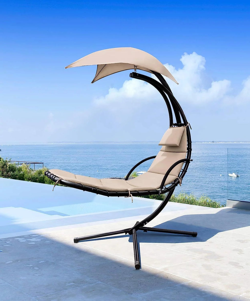 Hanging Curved Chaise Lounge Chair with Pillow, Canopy & Stand O1992