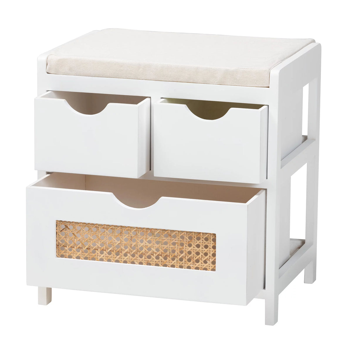 Light Beige Fabric White Wood 3-Drawer Storage Bench with Natural Rattan V6695