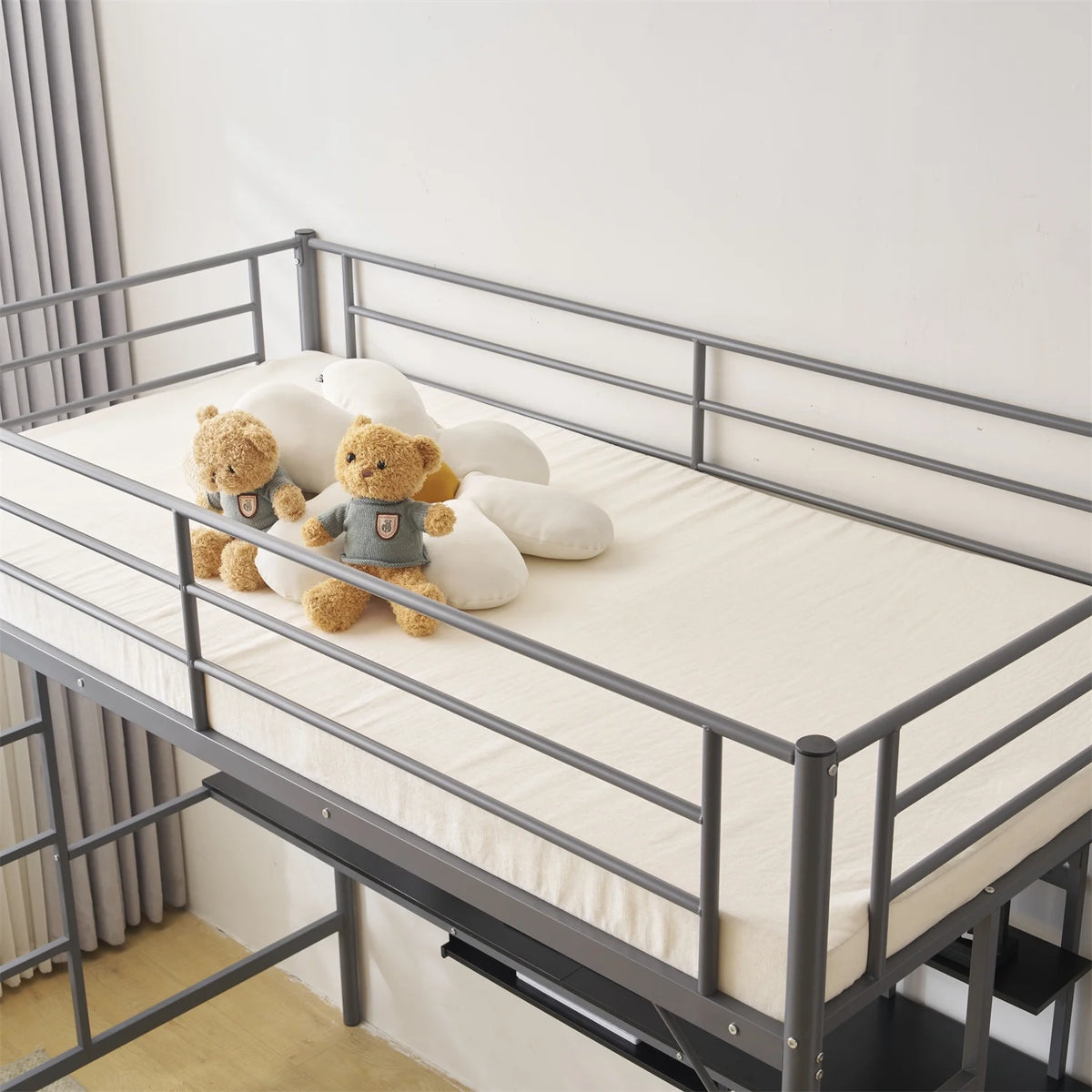Twin Size Black Metal Loft Bed with Desk and Shelves F717