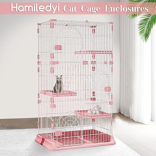 Pink 52 Inches Metal Cat Cage with 3 Platforms and 1 Ramp B111