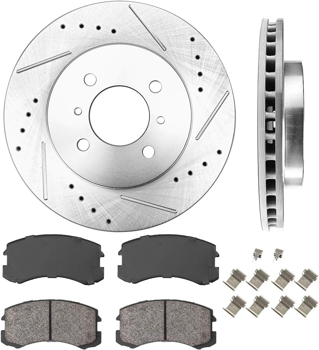 Front 256mm D/S 4 Lug Rotors + Brake Pads + Clips Pack of 2 E5749