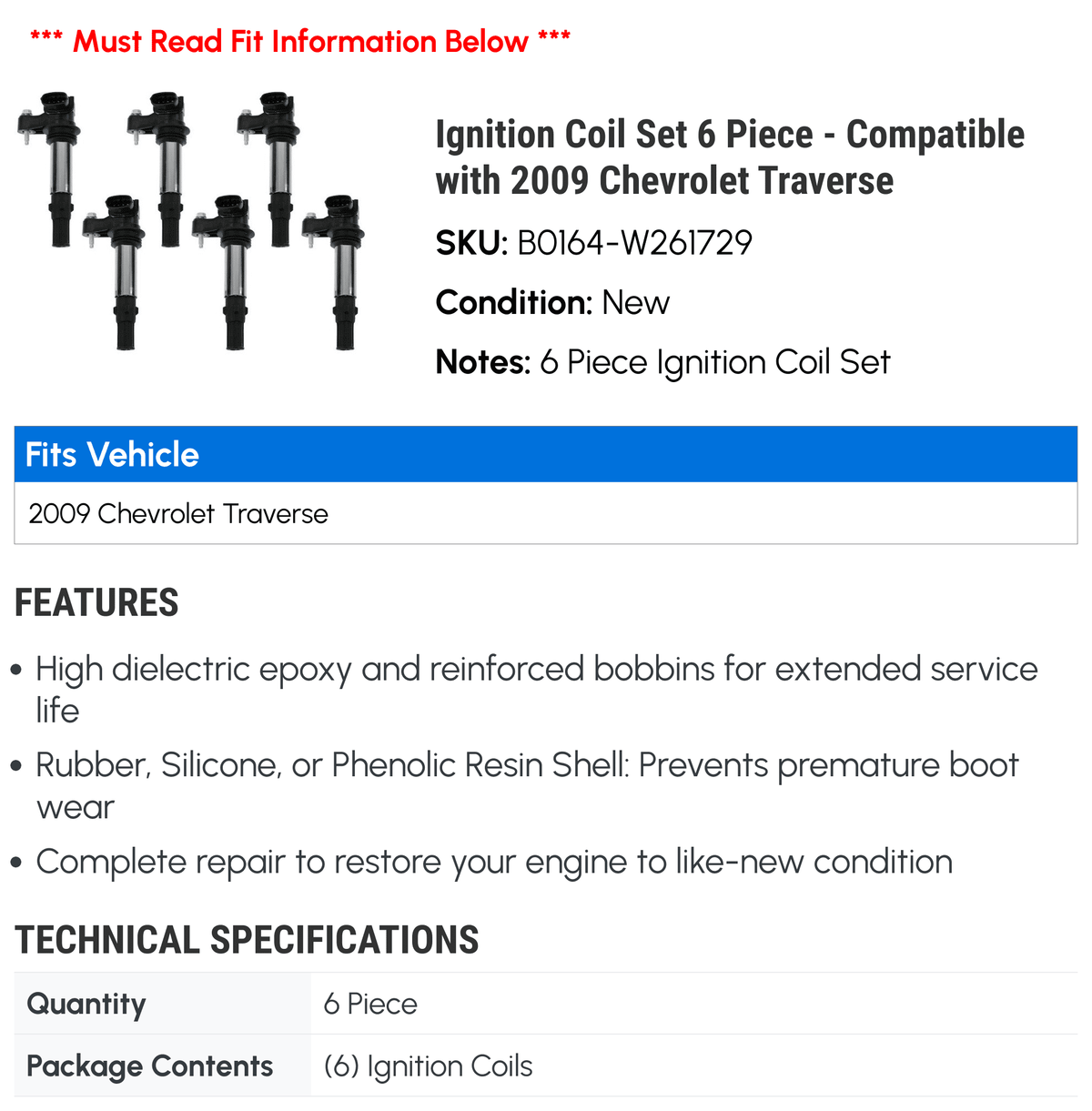 Ignition Coil Set 6 Piece Y607