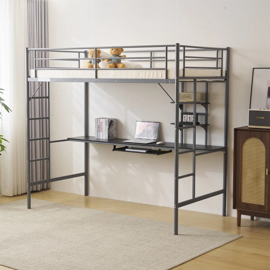 Twin Size Black Metal Loft Bed with Desk and Shelves F717