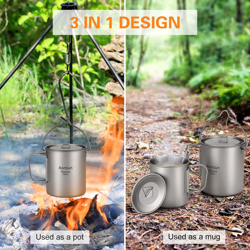 Ultralight 750ml Titanium Pot with Lid and Foldable Handle P498