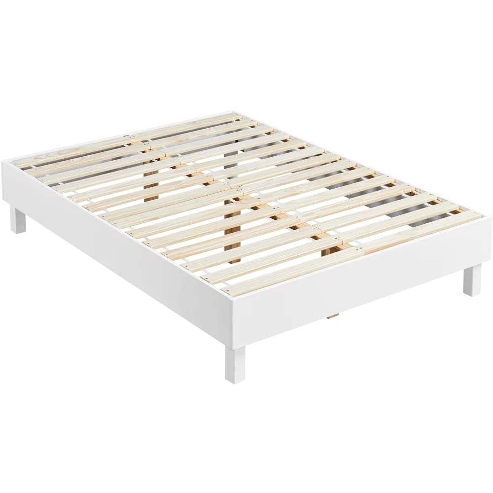 Queen White Platform Bed Frame with Wooden Slats V586159