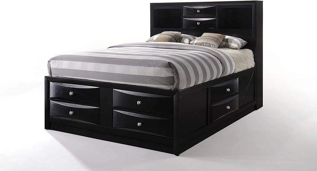 Queen Size Bed with Storage and Headboard Bookcase in Black L1654