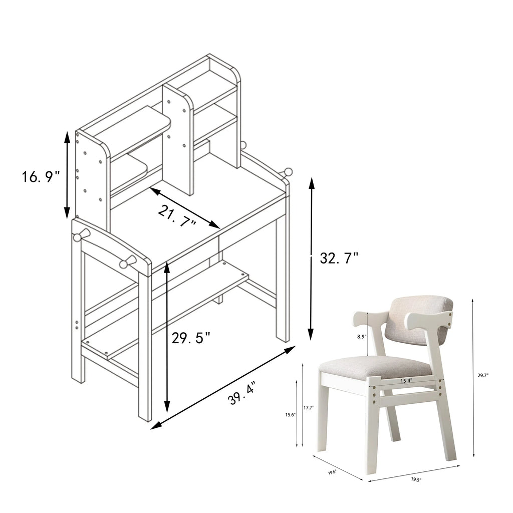 Kids Desk and Chair Set with Drawer and Bookshelf White K310